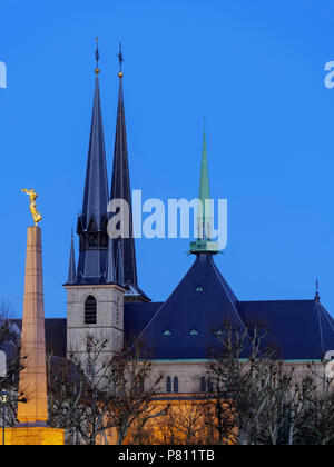 Gothic cathedral Notre Dame and memorial Gëlle Fra at Place de la Constitutio, Luxembourg, Luxembourg City, Europe, UNESCO world heritage Stock Photo