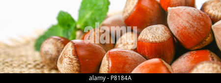 Walnut hazelnuts scattered on sackcloth on a white wooden table Stock Photo