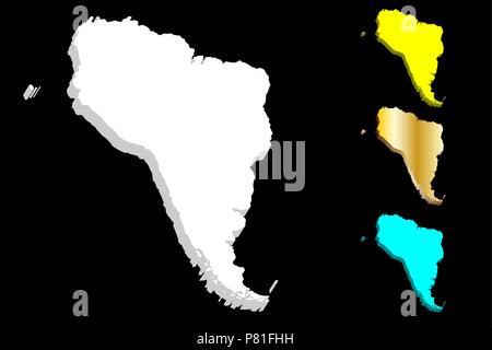 3D map of South America continent - white, gold, blue and yellow - vector illustration Stock Vector