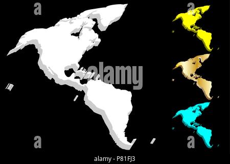 3D map of South and North America continent - white, gold, blue and yellow - vector illustration Stock Vector