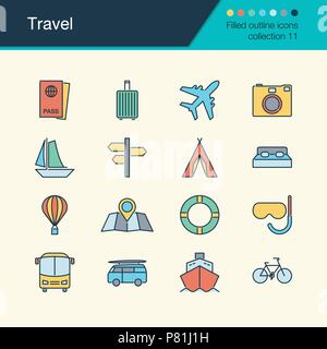 Travel icons. Filled outline design collection 11. For presentation, graphic design, mobile application, web design, infographics. Vector illustration Stock Vector