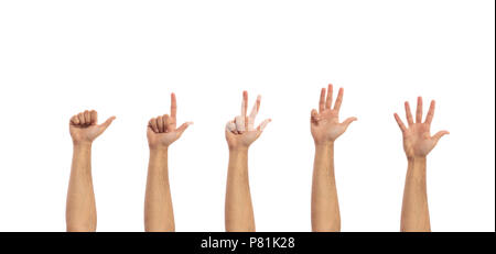 Male hands counting from one to five, isolated on white background, clipping path Stock Photo