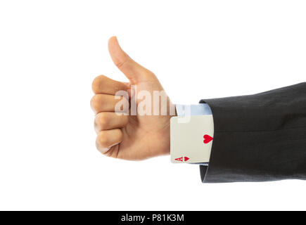 Playing cards. Ace hearts hidden in a suit sleeve isolated on white background, clipping path Stock Photo