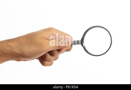 Search concept. Magnifying glass on a male hand palm isolated on white background, clipping path Stock Photo
