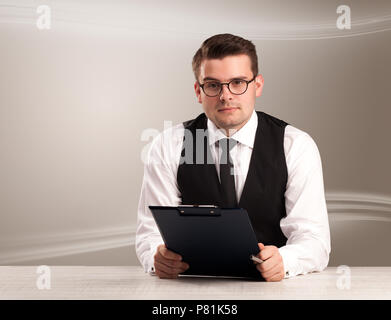 Televison presenter host in live show with blank background Stock Photo