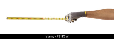 Carpentry measurement. Gloved hand holding a measure tape isolated on white background, banner, clipping path Stock Photo