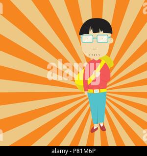 Young Asian guy dressed in pop art. Shoulder yellow travel bag on sunburst background. Stock Vector