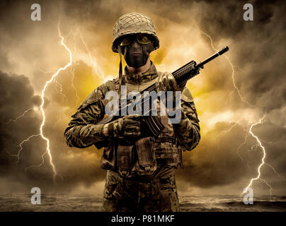 Armed soldier standing in rainy obscure weather  Stock Photo