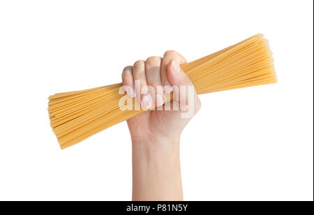 Bunch of spaghetti in asian female hand Stock Photo