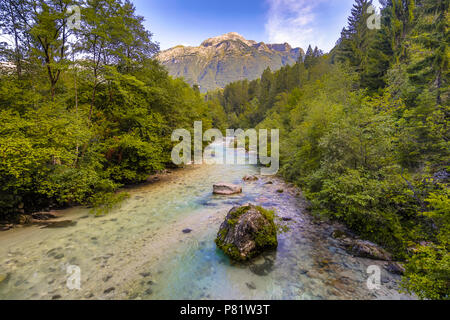 Emerald blue Soca river valley near Bovec in Triglav National Park, Julian Alps, Slovenia Europe Stock Photo