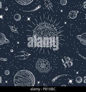 Solar system doodle pattern. Space planetary seamless background, cosmos galaxy astronomical vector texture Stock Vector