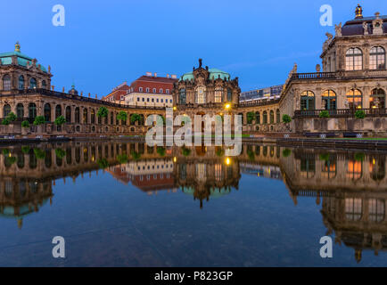 DRESDEN, GERMANY - May 21, 2018:  'Glockenspielpavillon' (English: Carillon pavilion) of the Zwinger in Dresden at night Stock Photo