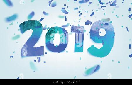 Stock vector illustration Ice numbers 2019. Blue realistic confetti, Happy New Year. Templates for placards, banners, flyers, presentations and report Stock Vector