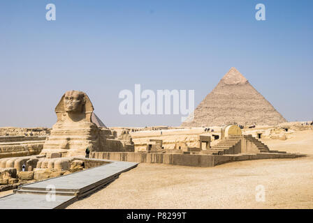 view of Great Sphinx of Giza and Pyramid of Khafre, Egypt Stock Photo