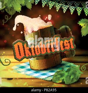 Stock vector illustration Oktoberfest Beer Festival. Realistic wooden old beer mug malt, hop. Pint. Spilling beer. Oktoberfest templates for placards, Stock Vector