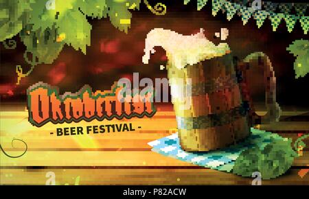 Stock vector illustration Oktoberfest Beer Festival. Realistic wooden old beer mug malt, hop. Pint. Spilling beer. Oktoberfest templates for placards, Stock Vector