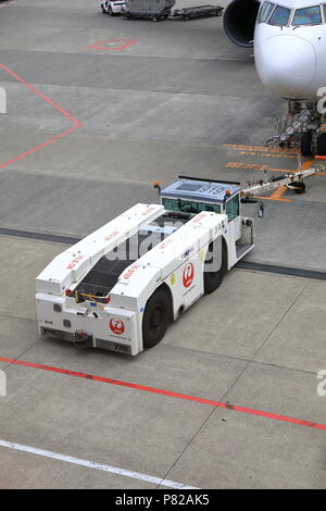 NARITA, JAPAN - MAY 2018 : Airplane Tugs, Machine for push back the aircraft to taxiway in ground handling services at narita Airport, Japan. Stock Photo