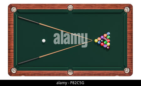 Billiard table with balls and cue, top view. 3D rendering isolated on white background Stock Photo