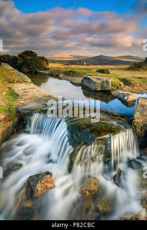 A waterfall on the Devonport Leat captured at Windy Post in the Dartmoor National Park. Stock Photo