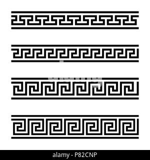 Four seamless meander designs. Meandros, a decorative border, constructed from continuous lines, shaped into a repeated motif. Greek fret. Stock Photo