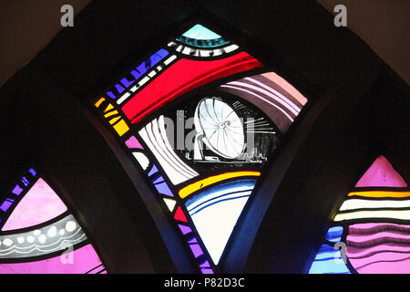 Stained glass by George Walsh in the refurbished windows at St Kentigerns Catholic Church in Eyeries Stock Photo