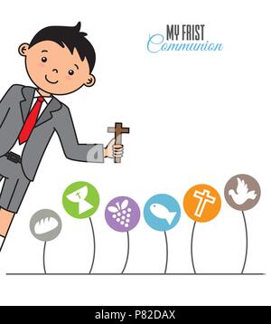 my first communion boy. Boy with communion suit and religious icons Stock Vector