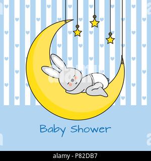 rabbit sleeping on the moon. baby boy shower card Stock Vector