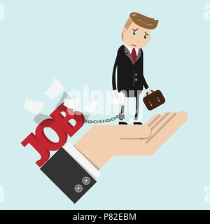tried businessman in suit work with paperwork in hand , chained to the leg with his job. business man stand on boss hand with sad face. overworking ,  Stock Vector