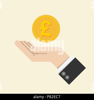 vector. return of an investment concept. gold coin with sign of British pound sterling currency on hand, palm of businessman. invest growth,finance pl Stock Vector