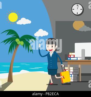 vector. holiday or vacation for business people concept. businesswoman or company employee in a suit is towing a luggage from an office to go on vacat Stock Vector