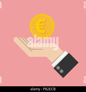 vector illustrator. return of an investment concept. gold coin with sign of Euro money currency on hand, palm of businessman. invest growth,finance pl Stock Vector
