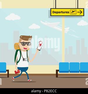 vector. tourist use mobile application for check in at the airport terminal with take off airplane and city building outside window glass for backgrou Stock Vector
