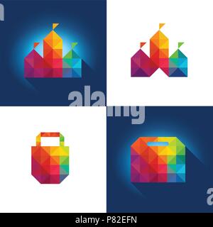 Colorful Polygon Shopping concept in vector format. Shopping bag and Mall Shopping with flag Stock Vector