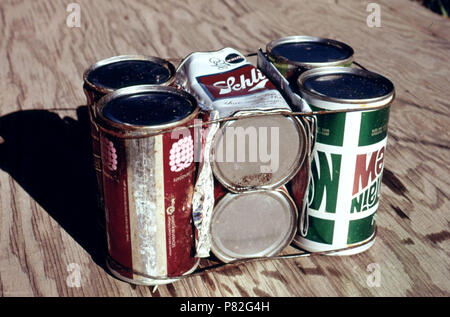 Basic Building Block of Experimental Housing Being Built of Empty Steel Beer and Soft Drink Cans near Taos, New Mexico. a Total Of Eight Cans Weighing 14 Ounces Are Wired Together And Placed In Mortar 1972 Stock Photo