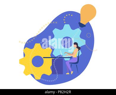 Girl working on laptop. Creates a business project. Business lady sits on a chair at the table and prints on the keyboard. Job in the office. Implement Creative Idea. Vector illustration character. Stock Vector