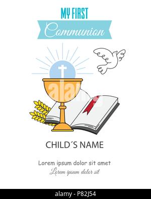 Card my first communion invitation. chalice with bible and dove of peace Stock Vector