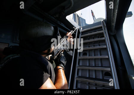 CONSTANTA, ROMANIA - JUNE 20, 2018: Romanian special forces marine boards ‘Regele Ferdinand’ frigate during a drill take over, on June 20 Stock Photo