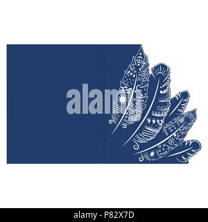Wedding invitation or greeting card with feather. Envelope mock up for laser cutting. Stock Vector