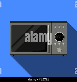 Realistically microwave. Front view. Metal and glass. Vector Image. Modern microwave. Isolated on blue background Stock Vector