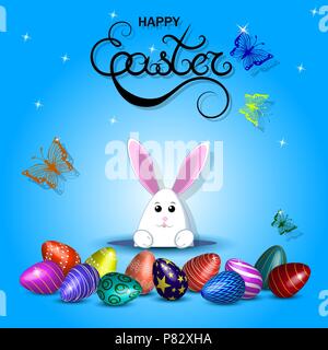 Vector illustration with eggs, hares and butterflies. Inscription - happy Easter Stock Vector