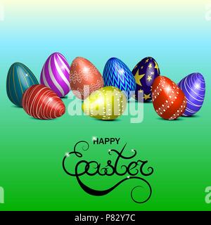 Vector illustration with eggs.. Inscription - happy Easter. Green background Stock Vector