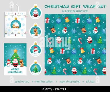 Christmas gift wrap set. Seamless pattern, greeting card, gift tags, paper shopping bag. All elements on separate layers. Vector illustration. Stock Vector
