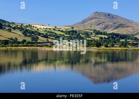 Lake Bala, or Llyn Tegid in Gwynedd, mid Wales, UK. The surrounding mountains and woodland reflected in the water. Stock Photo