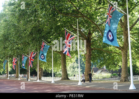 View of union jack and RAF flags hanging near Horse Guards Parade during RAF100 celebrations in London Stock Photo