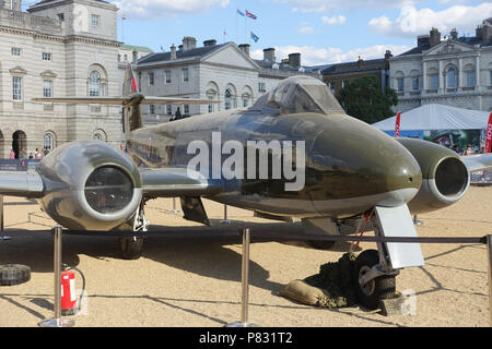Front view of a Gloster Meteor F4 jet at the RAF100 Aircraft Tour at Horse Guards London in July 2018 Stock Photo