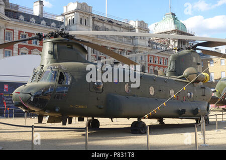 Front view of a Chinook twin-rotor helicopter at the RAF100 Aircraft Tour at Horse Guards London in July 2018 Stock Photo