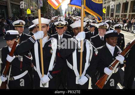 YORK (Nov. 11, 2016) Sailors from Navy Recruiting District New York marching up 5th Avenue during America's Parade, the nation's largest celebration of Veterans Day. More than half a million spectators were along the parade route to show their support for the country's veterans. Stock Photo