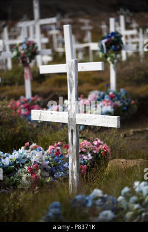 Greenland, Tasiilaq, cemetery with white wooden crosses