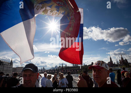 Moscow, Russia. 8th July, 2018. Russian football fans walk around Zaryadye Park in central Moscow during World Cup FIFA 2018, Russia Credit: Nikolay Vinokurov/Alamy Live News Stock Photo