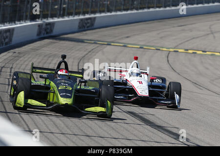 Newton, Iowa, USA. 8th July, 2018. CHARLIE KIMBALL (23) of the United States battles for position during the Iowa Corn 300 at Iowa Speedway in Newton, Iowa. Credit: Justin R. Noe Asp Inc/ASP/ZUMA Wire/Alamy Live News Stock Photo